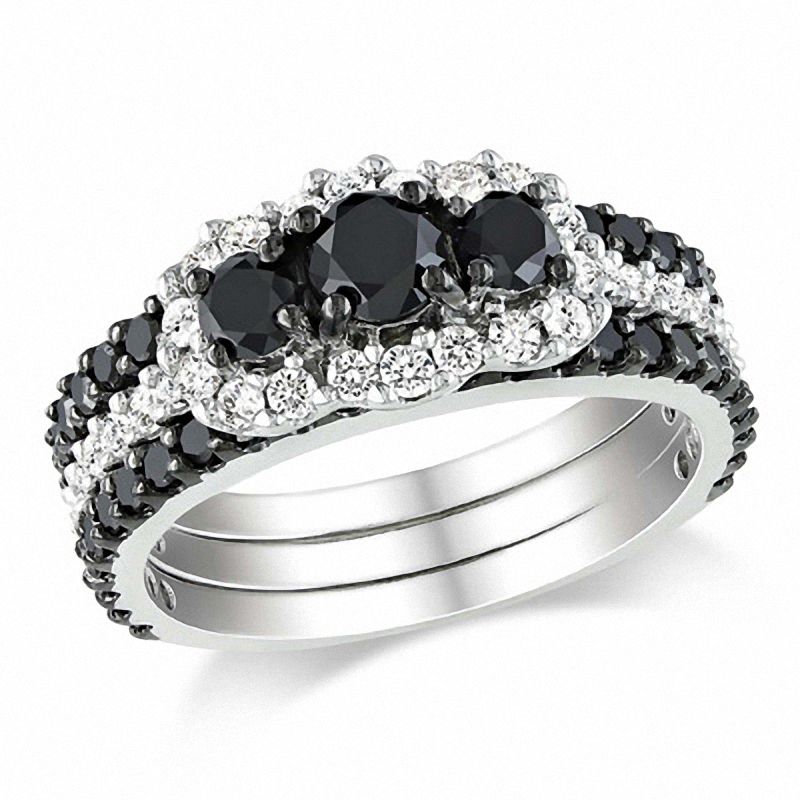 2.00 CT. T.W. Enhanced Black and White Diamond Striped Bridal Set in 10K White Gold