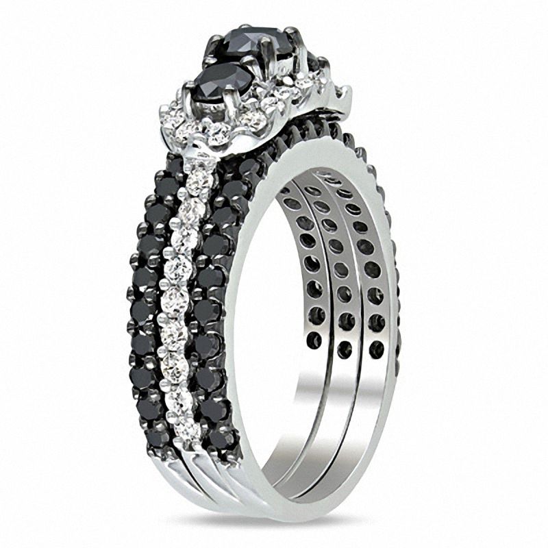 Main Image 2 of 2.00 CT. T.W. Enhanced Black and White Diamond Striped Bridal Set in 10K White Gold