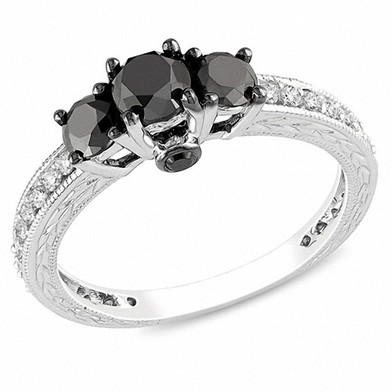 1.24 CT. T.W. Enhanced Black and White Diamond Three Stone Engagement Ring in 10K White Gold|Peoples Jewellers