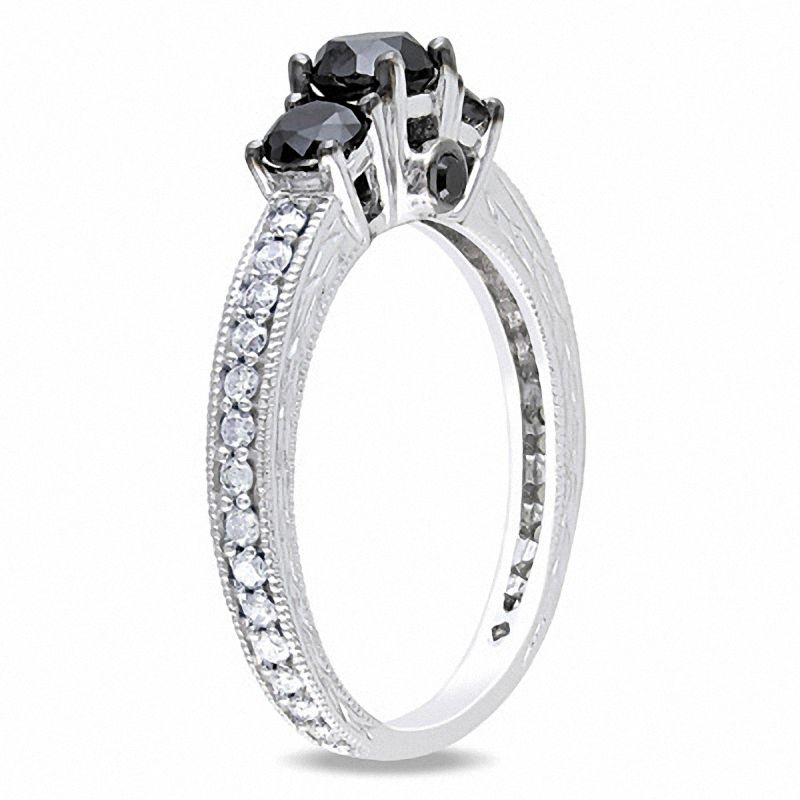 1.24 CT. T.W. Enhanced Black and White Diamond Three Stone Engagement Ring in 10K White Gold