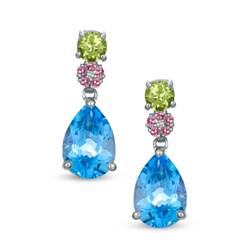 Main Image 1 of Multi-Gemstone and Lab-Created White Sapphire Drop Earrings in Sterling Silver