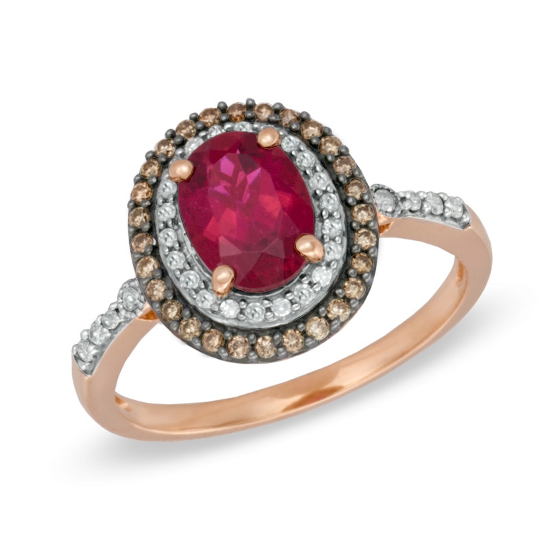 Oval Rubellite and 0.22 CT. T.W. Enhanced Champagne and White Diamond Frame Ring in 10K Rose Gold