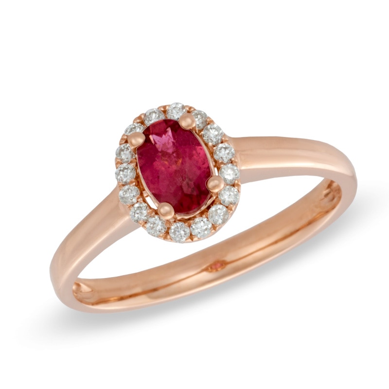 Oval Rubellite and 0.09 CT. T.W. Diamond Frame Ring in 10K Rose Gold