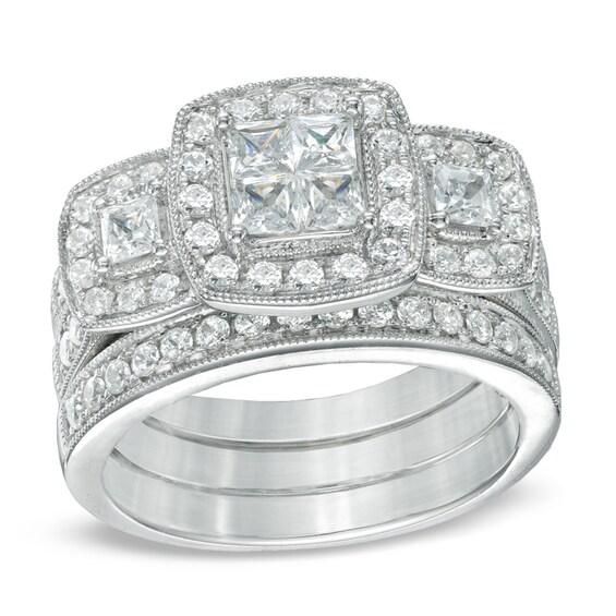 1.50 CT. T.W. Princess-Cut Quad Diamond Three Piece Bridal Set in 14K White Gold