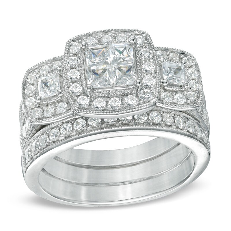 Main Image 1 of 1.50 CT. T.W. Princess-Cut Quad Diamond Three Piece Bridal Set in 14K White Gold
