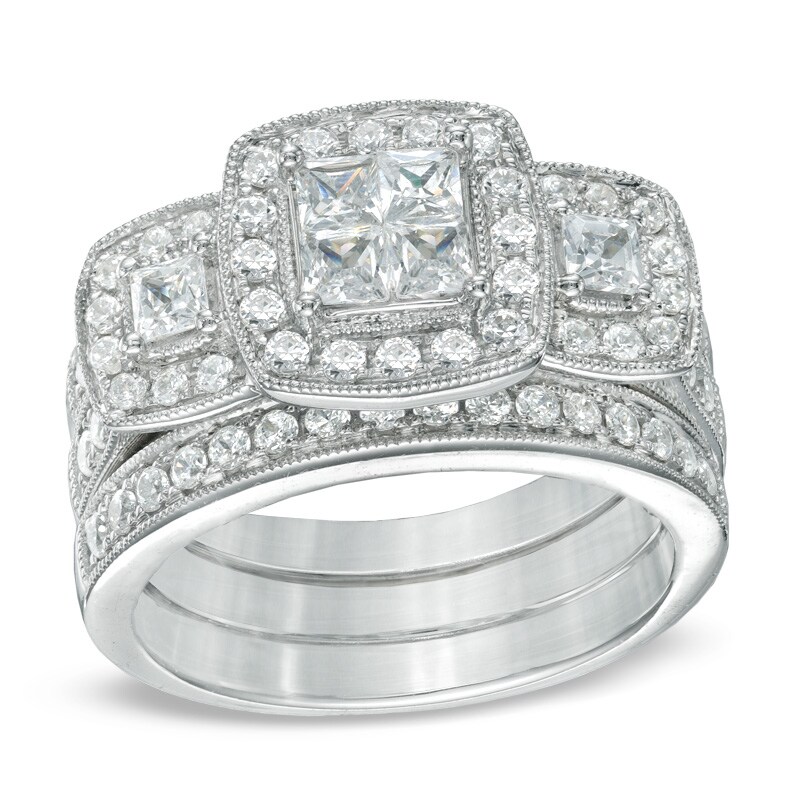 1.50 CT. T.W. Princess-Cut Quad Diamond Three Piece Bridal Set in 14K White Gold|Peoples Jewellers