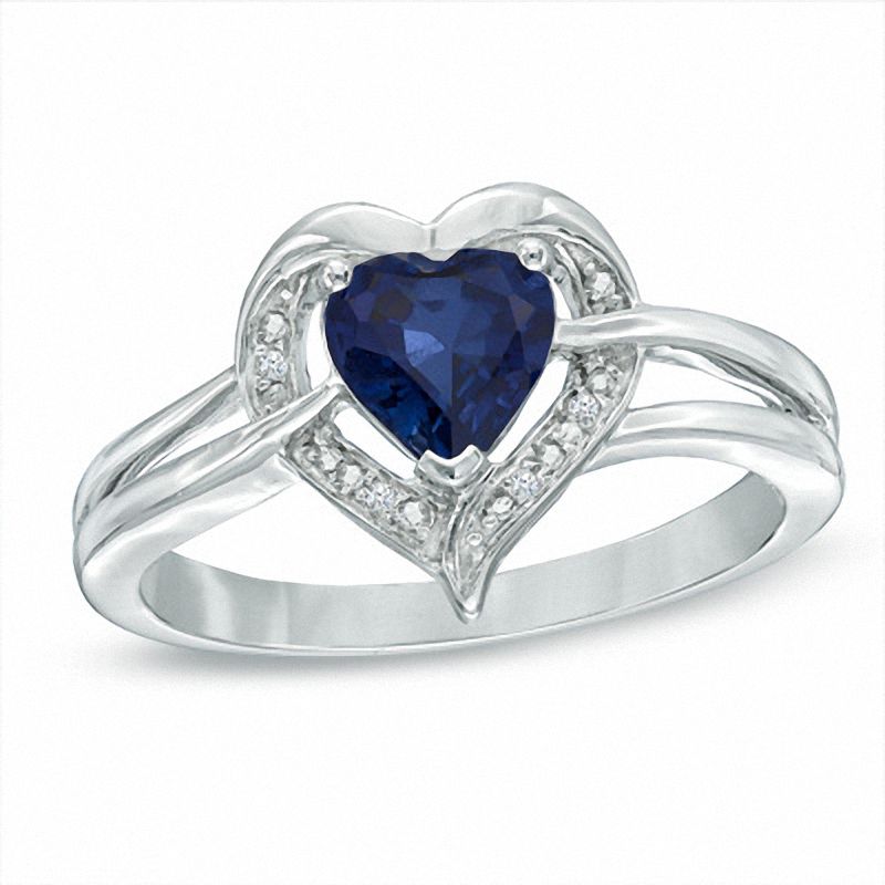 6.0mm Heart-Shaped Lab-Created Blue Sapphire and Diamond Accent Ring in Sterling Silver
