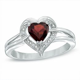 6.0mm Heart-Shaped Garnet and Diamond Accent Ring in Sterling Silver