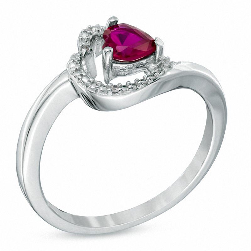 5.0mm Sideways Heart Shaped Lab Created Ruby and Diamond Accent Ring in Sterling Silver Peoples Jewellers