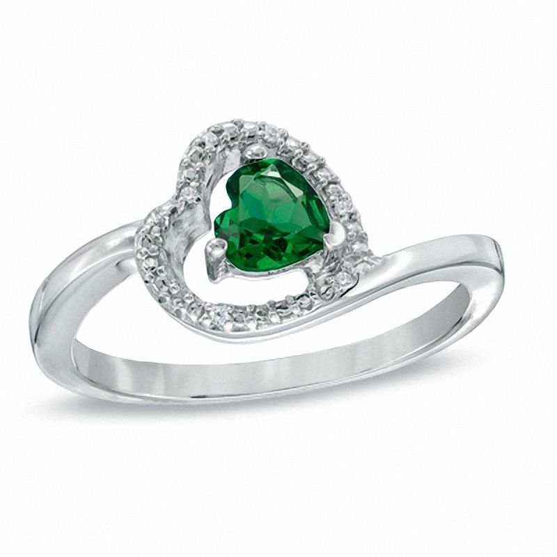5.0mm Sideways Heart-Shaped Lab-Created Emerald and Diamond Accent Ring in Sterling Silver