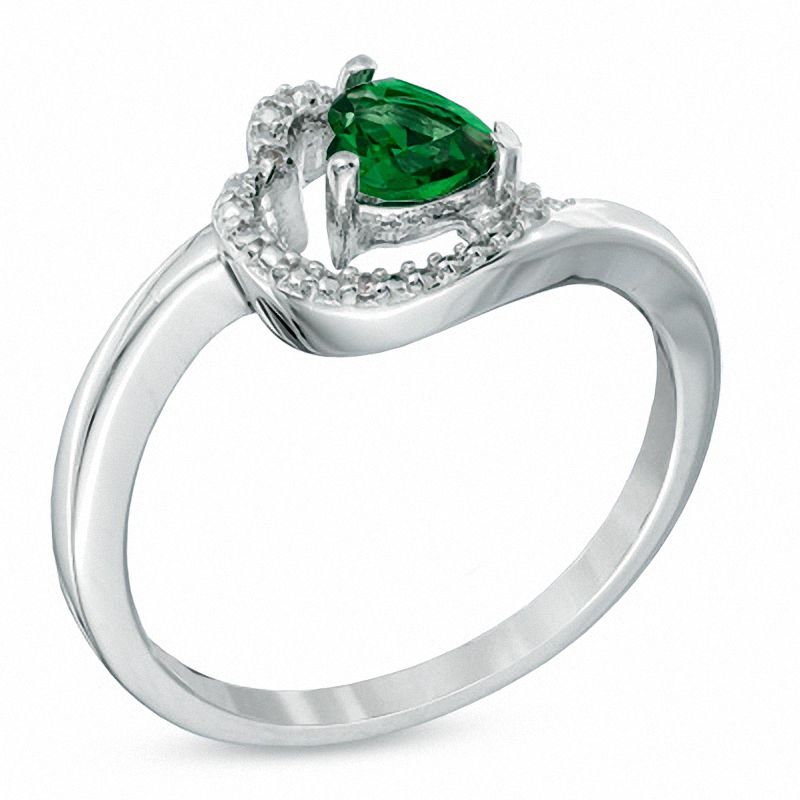 5.0mm Sideways Heart-Shaped Lab-Created Emerald and Diamond Accent Ring in Sterling Silver