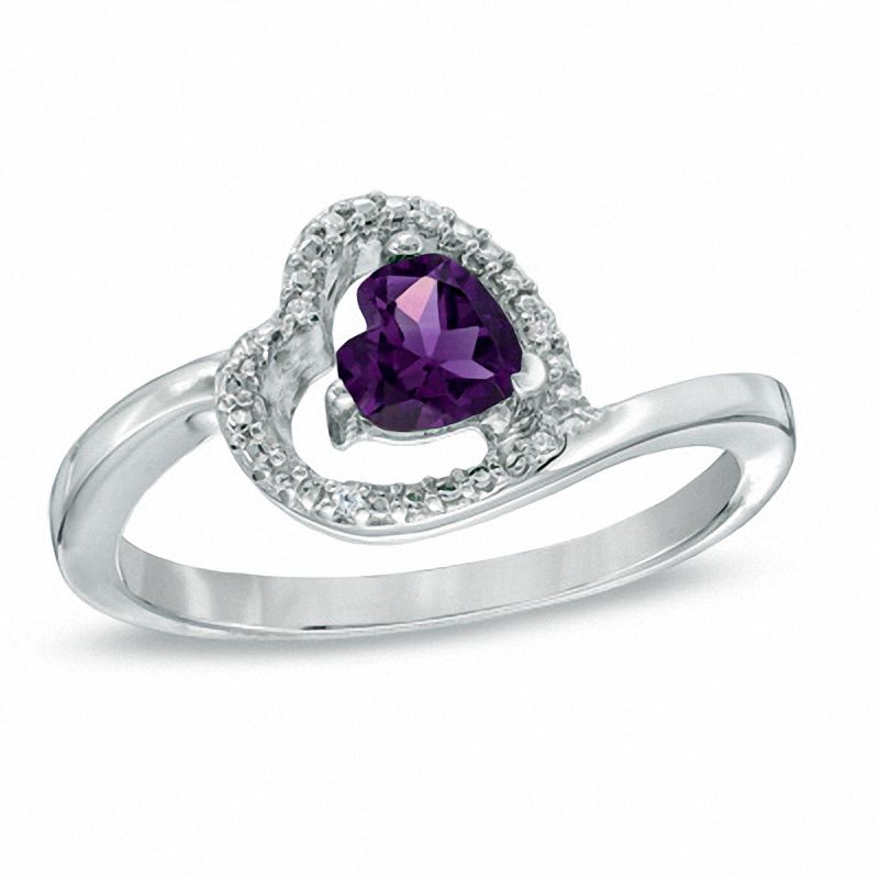 5.0mm Sideways Heart-Shaped Amethyst and Diamond Accent Ring in Sterling Silver