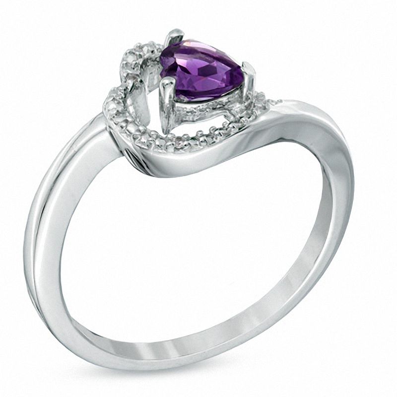 5.0mm Sideways Heart-Shaped Amethyst and Diamond Accent Ring in Sterling Silver