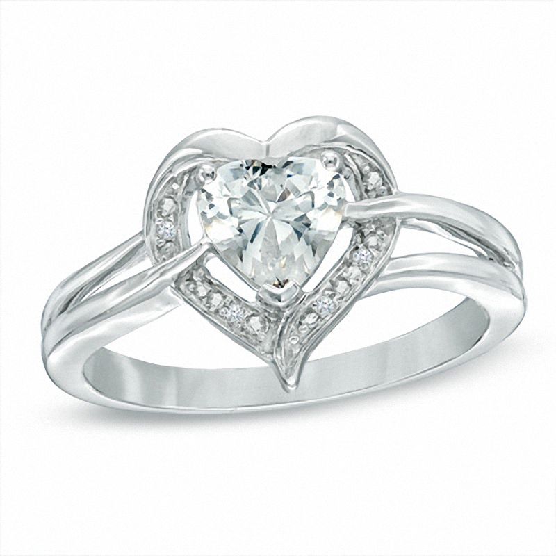 6.0mm Heart-Shaped Lab-Created White Sapphire and Diamond Accent Ring in Sterling Silver