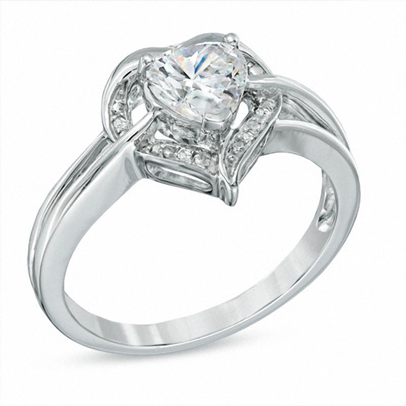 6.0mm Heart-Shaped Lab-Created White Sapphire and Diamond Accent Ring in Sterling Silver