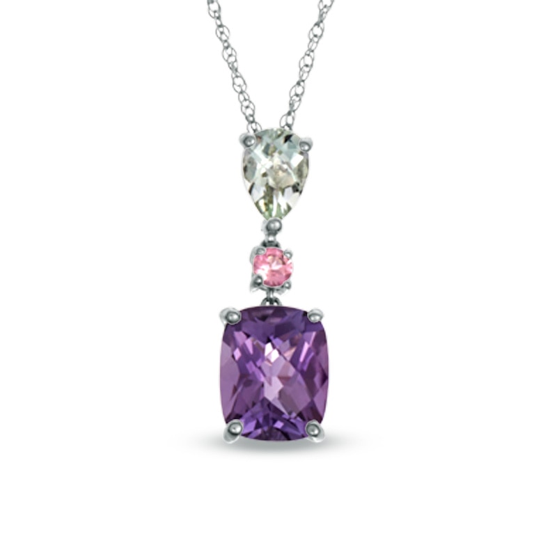 Main Image 1 of Cushion-Cut Amethyst, Green Quartz and Pink Tourmaline Pendant in Sterling Silver