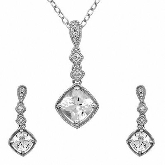 7.0mm Cushion-Cut Lab-Created White Sapphire Pendant and Earrings Set in Sterling Silver