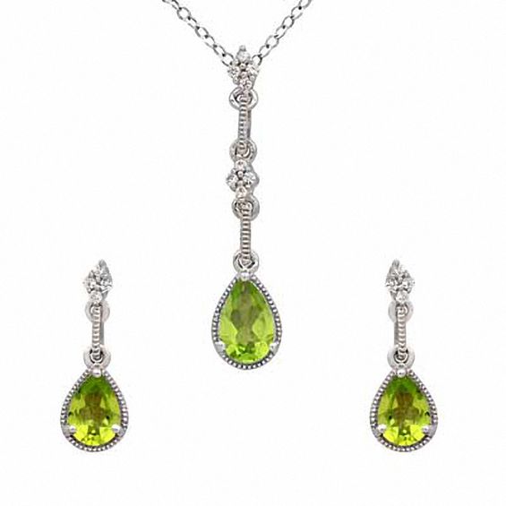 Pear-Shaped Peridot and Lab-Created White Sapphire Pendant and Earrings Set in Sterling Silver