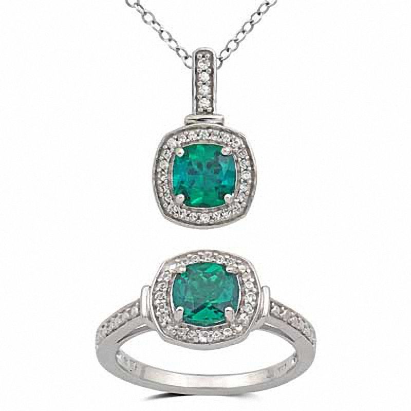 Main Image 1 of 6.0mm Cushion-Cut Lab-Created Emerald and Lab-Created White Sapphire Pendant and Ring Set in Sterling Silver - Size 7