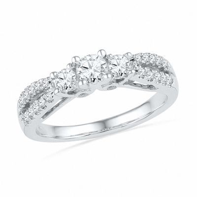 0.65 CT. T.W. Diamond Three Stone Split Shank Ring in 14K White Gold