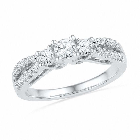 0.65 CT. T.W. Diamond Three Stone Split Shank Ring in 14K White Gold