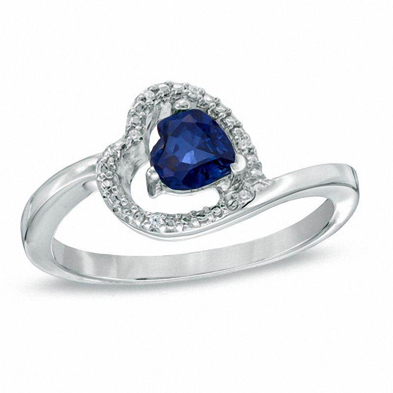 5.0mm Sideways Heart-Shaped Lab-Created Blue Sapphire and Diamond Accent Ring in Sterling Silver