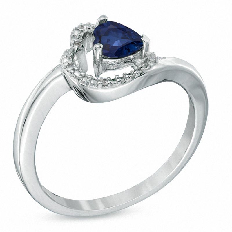 5.0mm Sideways Heart-Shaped Lab-Created Blue Sapphire and Diamond Accent Ring in Sterling Silver