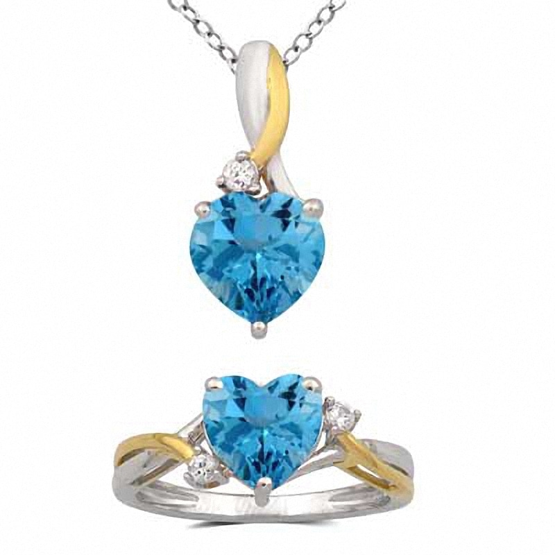 Main Image 1 of Heart-Shaped Blue Topaz and Lab-Created White Sapphire Pendant and Ring Set in Sterling Silver and 14K Gold Plate