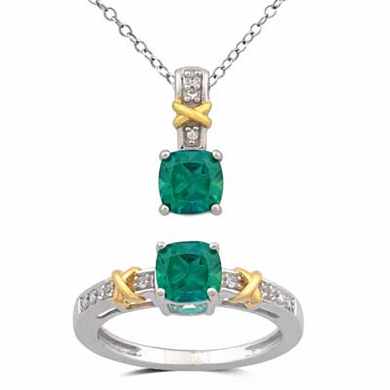 Main Image 1 of Cushion-Cut Lab-Created Emerald and White Sapphire Pendant and Ring Set in Sterling Silver and 14K Gold Plate - Size 7