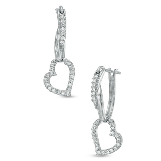 0.25 CT. T.W. Diamond Heart Dangle Hoop Earrings in Sterling Silver