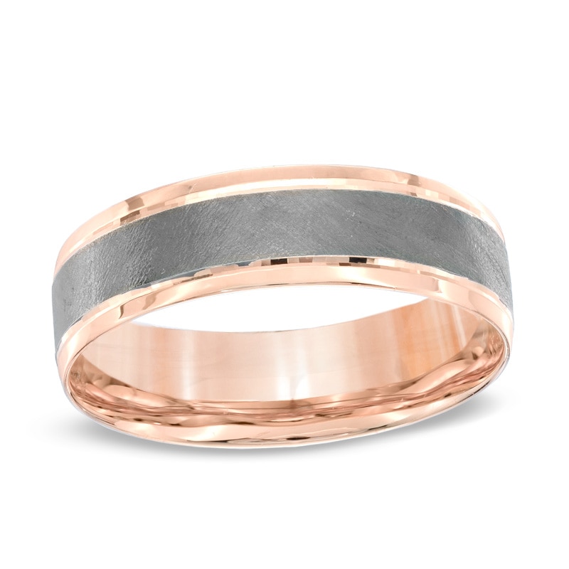 Main Image 1 of Men's 6.0mm Comfort Fit Wedding Band in 10K Rose Gold with Charcoal Rhodium - Size 10