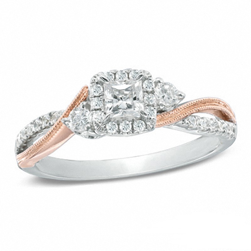 0.50 CT. T.W. Princess-Cut Diamond Past Present Future® Slant Engagement Ring in 10K Two-Tone Gold