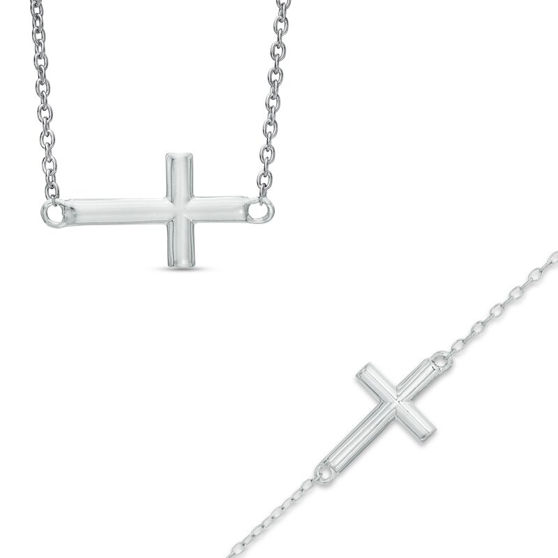 Sideways Cross Necklace and Bracelet Set in Sterling Silver