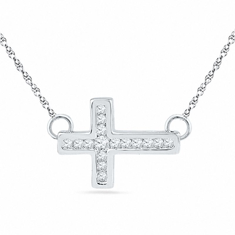 0.10 CT. T.W. Diamond Sideways Cross Necklace in Sterling Silver