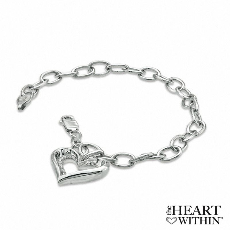 Main Image 1 of Diamond Accent Heart Charm Bracelet in Sterling Silver - 7.5&quot;