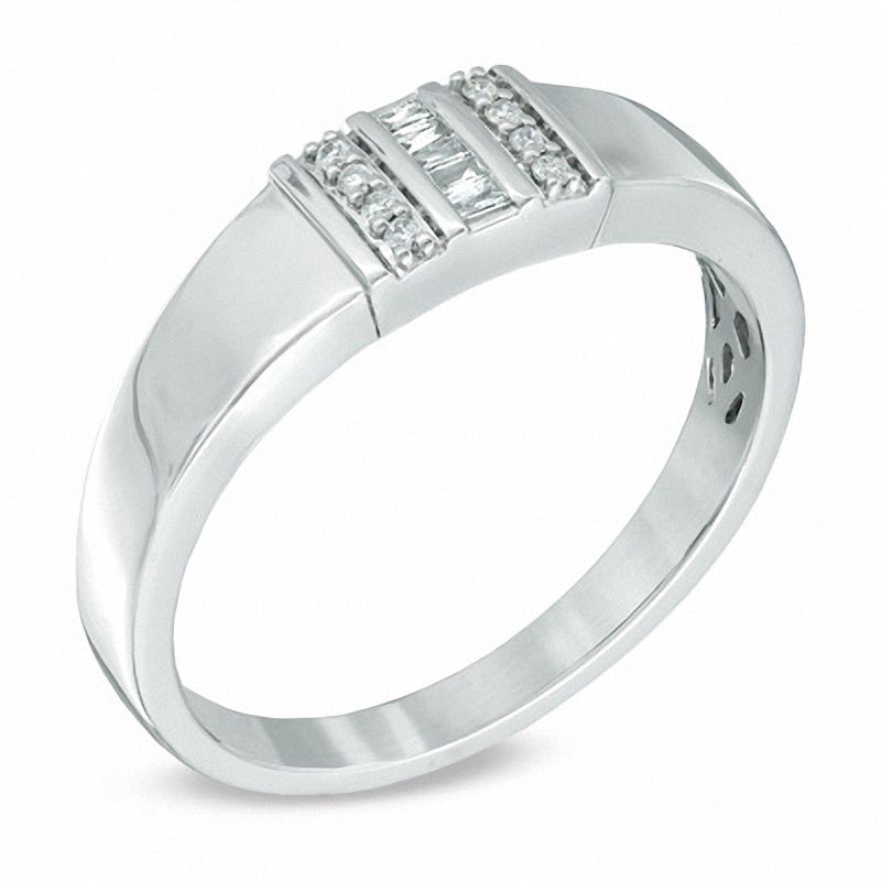 Main Image 2 of Men's 0.10 CT. T.W. Baguette and Round Diamond Ring in 10K White Gold