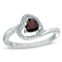 5.0mm Sideways Heart-Shaped Garnet and Diamond Accent Ring in Sterling Silver