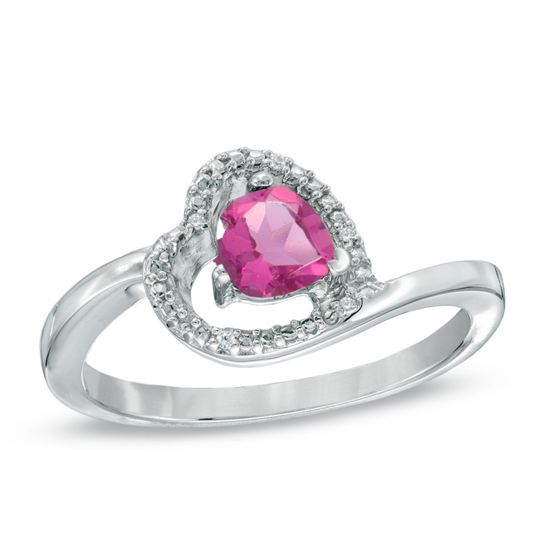 Main Image 1 of 5.0mm Sideways Heart-Shaped Lab-Created Pink Sapphire and Diamond Accent Ring in Sterling Silver
