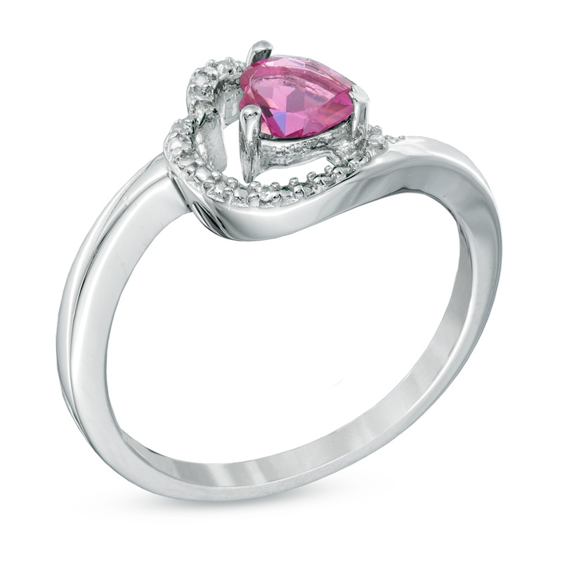 Main Image 2 of 5.0mm Sideways Heart-Shaped Lab-Created Pink Sapphire and Diamond Accent Ring in Sterling Silver