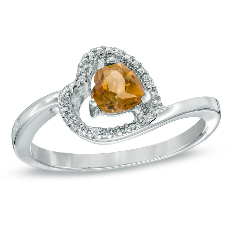 5.0mm Sideways Heart-Shaped Citrine and Diamond Accent Ring in Sterling Silver