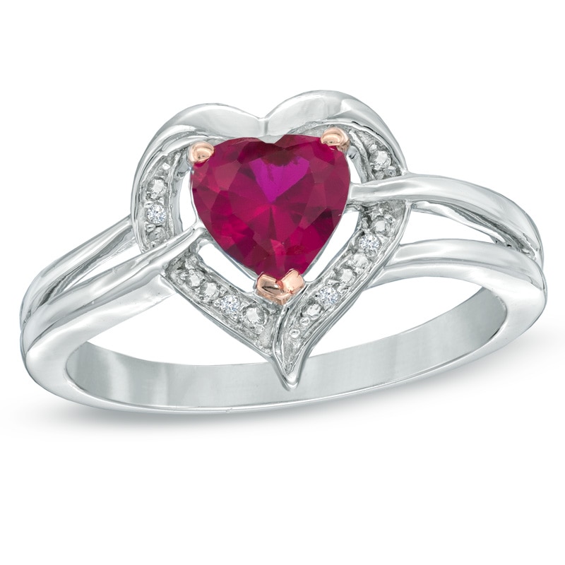 6.0mm Heart-Shaped Lab-Created Ruby and Diamond Accent Ring in Sterling Silver