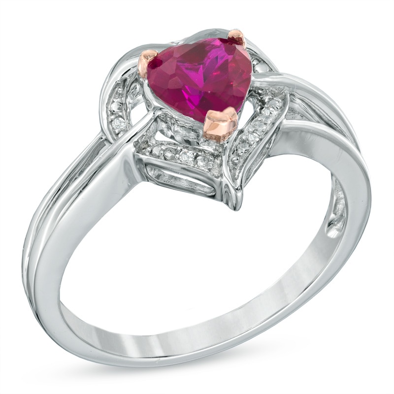 6.0mm Heart-Shaped Lab-Created Ruby and Diamond Accent Ring in Sterling Silver