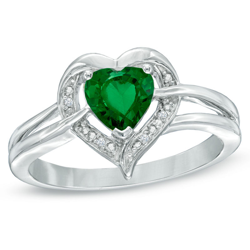 6.0mm Heart-Shaped Lab-Created Emerald and Diamond Accent Ring in Sterling Silver