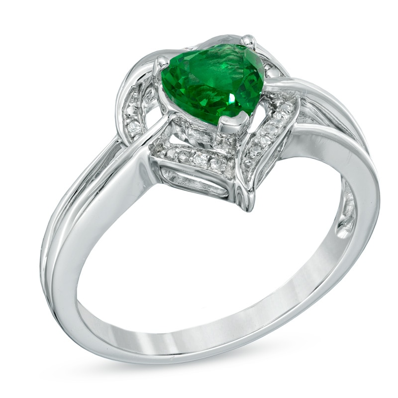 6.0mm Heart-Shaped Lab-Created Emerald and Diamond Accent Ring in Sterling Silver
