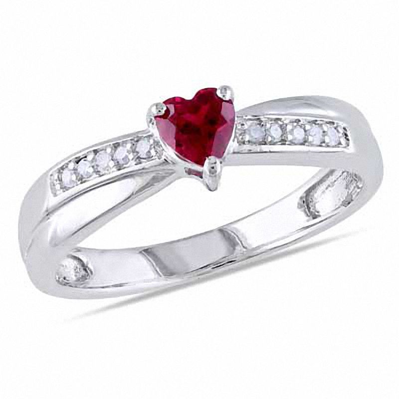 4.0mm Heart-Shaped Lab-Created Ruby and Diamond Accent Promise Ring in Sterling Silver