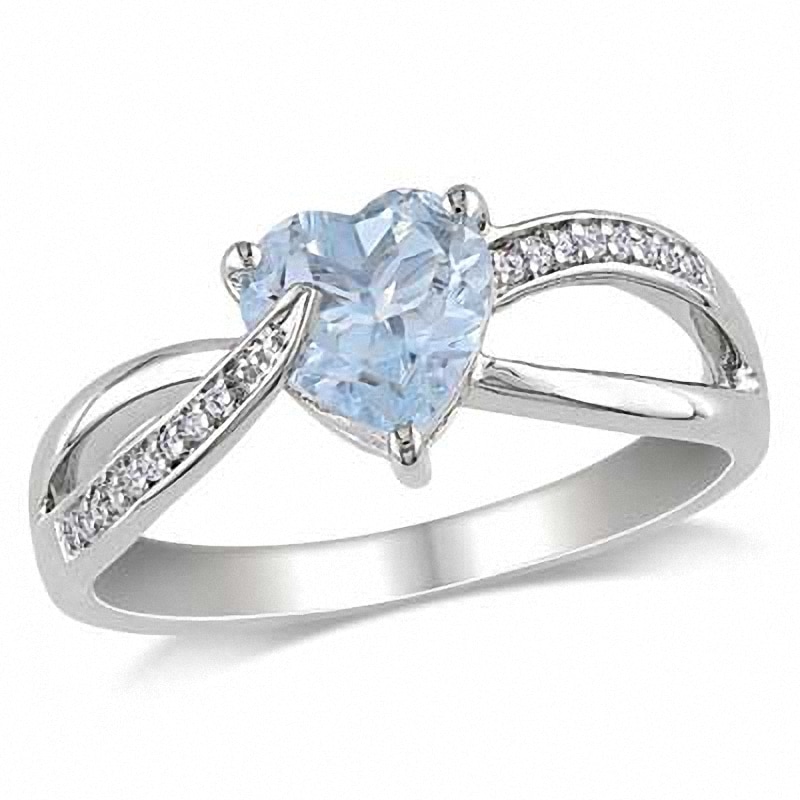 7.0mm Heart-Shaped Aquamarine and Diamond Accent Split Shank Ring in Sterling Silver