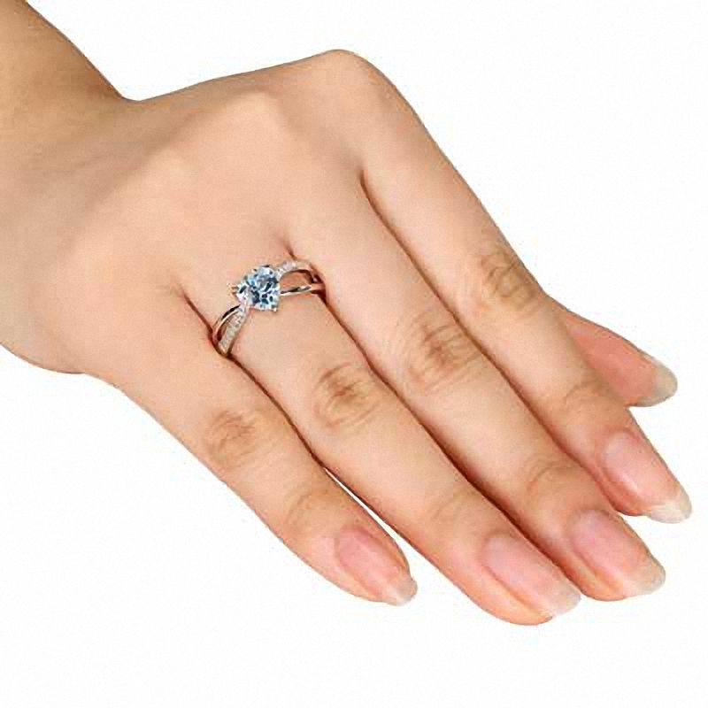 7.0mm Heart-Shaped Aquamarine and Diamond Accent Split Shank Ring in Sterling Silver