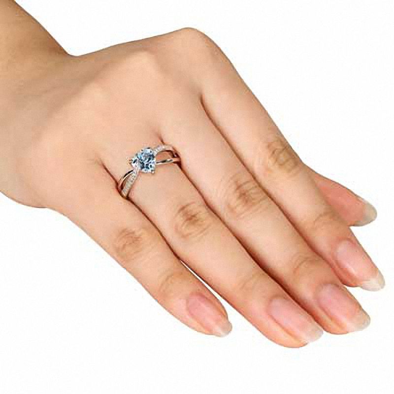 Main Image 3 of 7.0mm Heart-Shaped Aquamarine and Diamond Accent Split Shank Ring in Sterling Silver