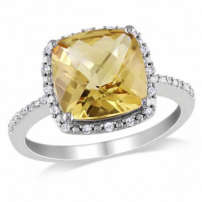 10.0mm Cushion-Cut Citrine and 0.10 CT. T.W. Diamond Frame Ring in Sterling Silver