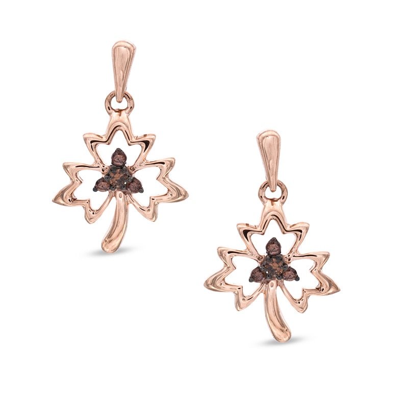 0.13 CT. T.W. Enhanced Champagne Diamond Maple Leaf Drop Earrings in 10K Rose Gold|Peoples Jewellers